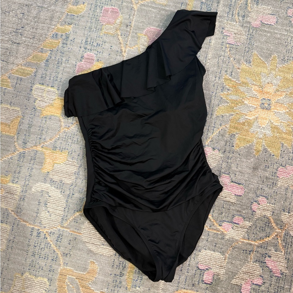 One-Shoulder One Piece Black Womens Ruched Swim